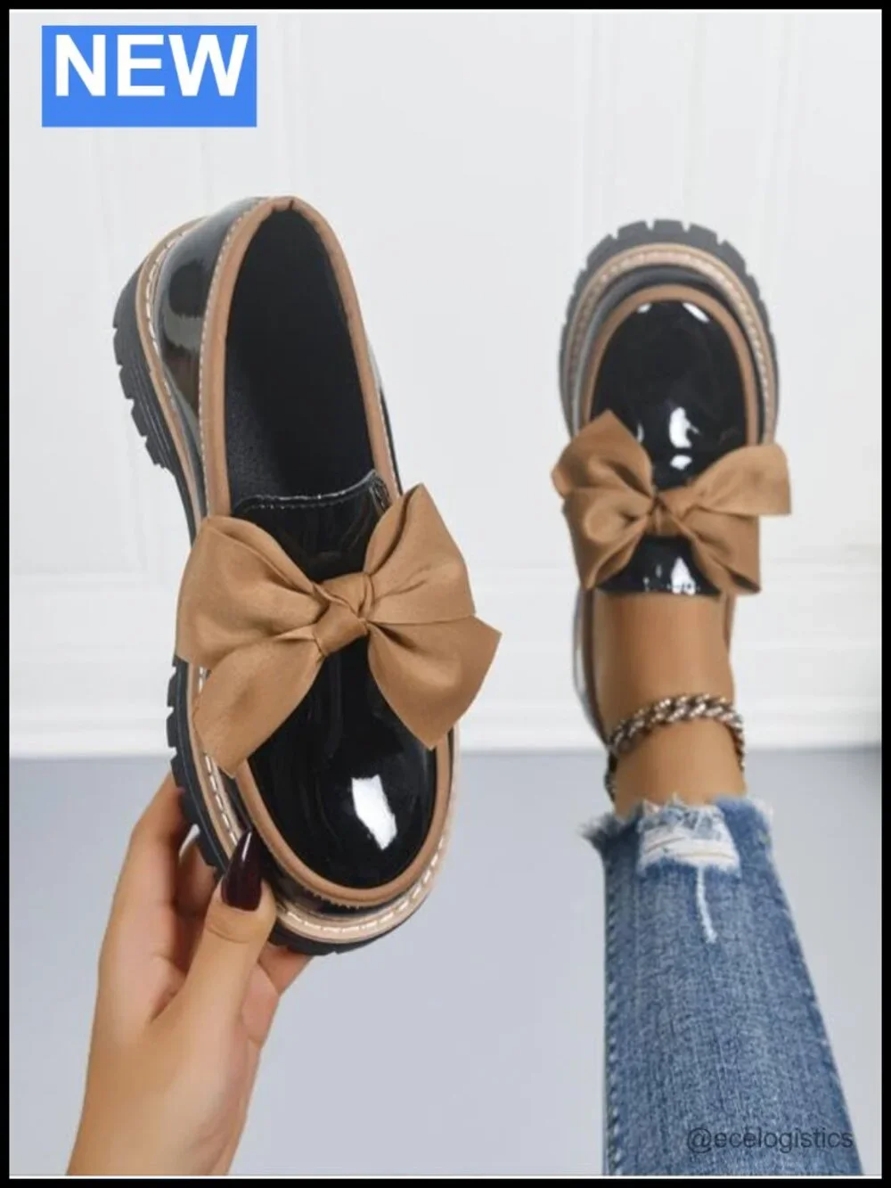 Bowknot Thick Sole Loafers, Work Office Business Casual Patent Leather Dress